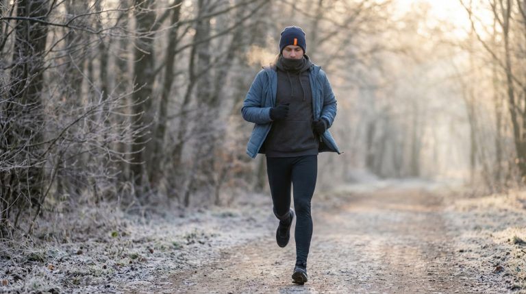 A gender-neutral runner in blue winter gear and orange-striped beanie runs on a frosty forest path. Breath vapor visible in soft winter light.