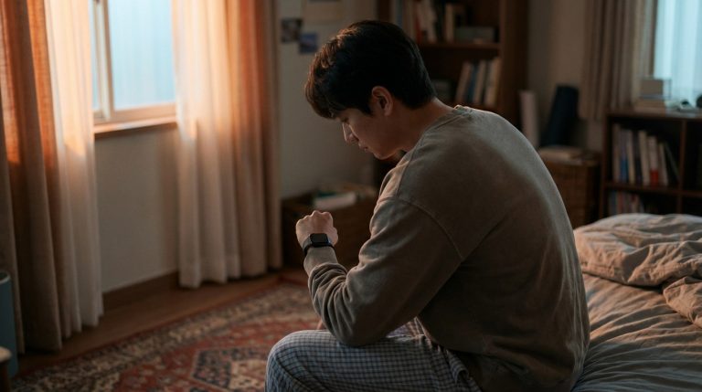An individual sits on a bed at dawn, gazing thoughtfully at their smartwatch, bathed in soft blue and orange light, deep in thought.