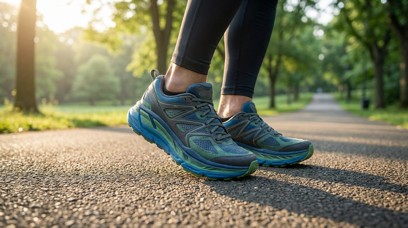 Close-up of robust blue and green running shoes on an asphalt path at dawn. A runner's legs in dark tights are mid-stride, with golden light and blurred park background.