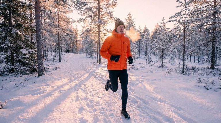 A determined runner in an orange jacket and hat mid-stride on a snow-covered path in a serene, sun-kissed winter forest.