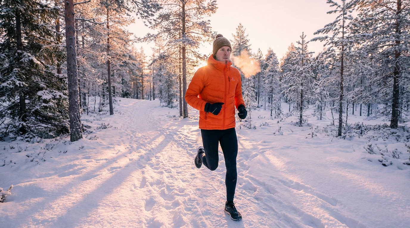 A determined runner in an orange jacket and hat mid-stride on a snow-covered path in a serene, sun-kissed winter forest.